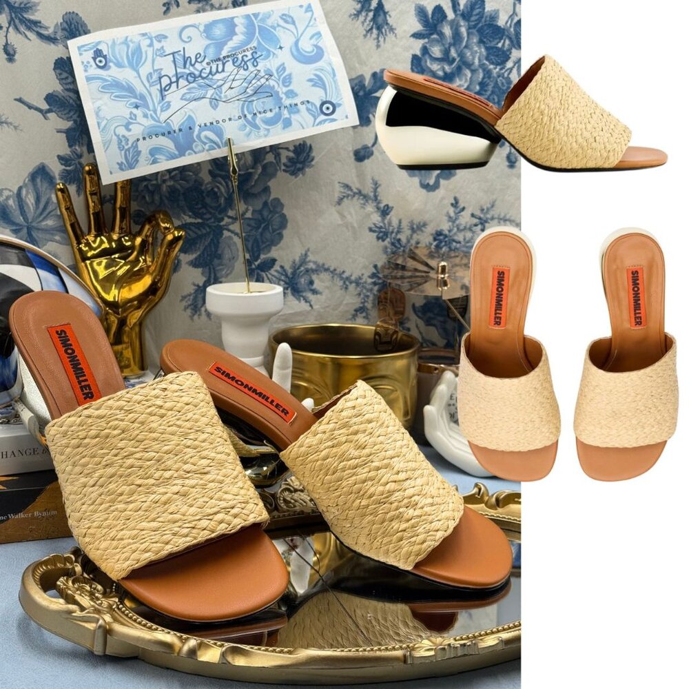 🆕 SIMONMILLER 🧿 NWOB Braided Raffia Moderno Sandals, Sculptural Heel Sz39 US 9 - Picture 1 of 14